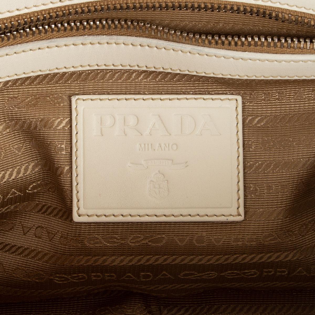 PRADA beige LOGO Canvas & weißes Leder BAULETTO Tasche Corda Talco 2