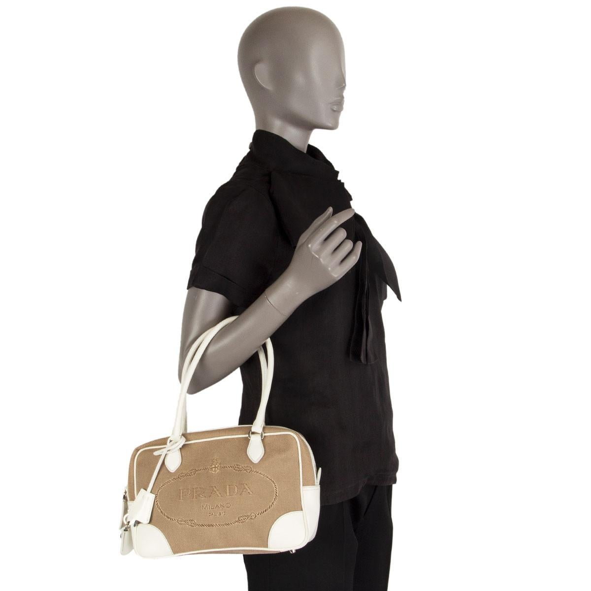 PRADA beige LOGO Canvas & weißes Leder BAULETTO Tasche Corda Talco 3