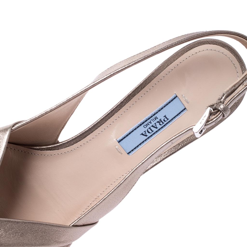 Women's Prada Beige Metallic Pleated Leather Pointed Toe Slingback Sandals Size 38
