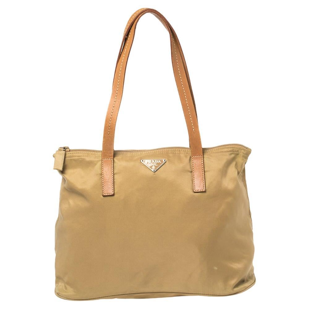 Prada Brown Beige Canvas Fabric Canapa Tote Bag Italy For Sale at 1stDibs