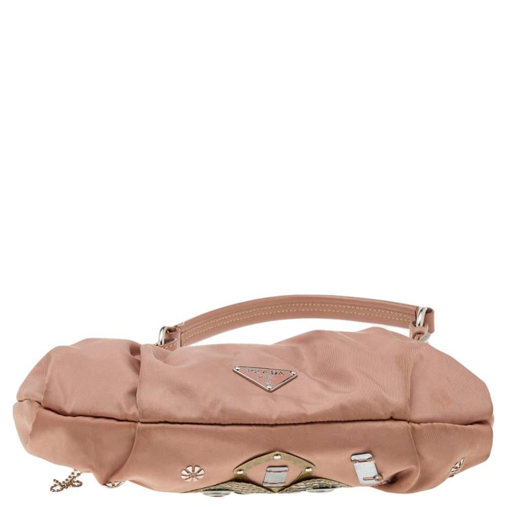 Prada Beige Nylon and Python Details Embellished Shoulder Bag For Sale 6