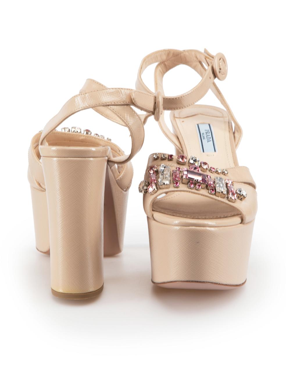 Prada Beige Patent Crystal Embellished Sandals Size IT 36.5 In Excellent Condition In London, GB