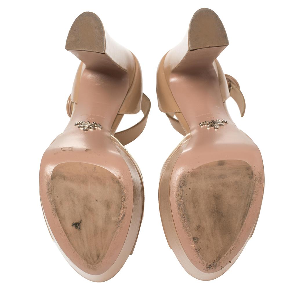 Women's Prada Beige Patent Leather Ankle Strap Block Heel Platform Sandals Size 37