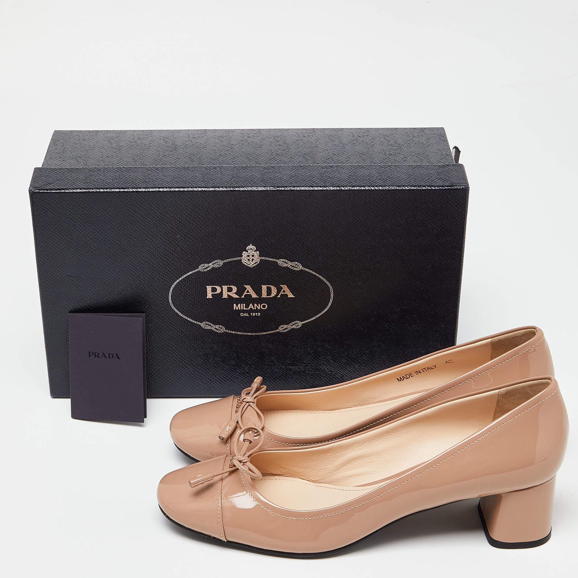 Prada Beige Patent Leather Bow Block Heel Pumps Size 40 4