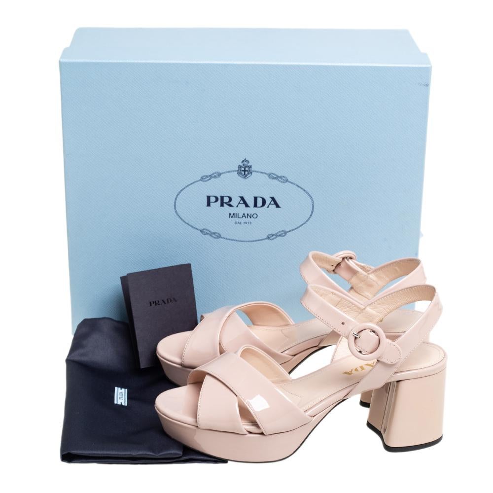Prada Beige Patent Leather Criss Cross Platform Ankle Strap Sandals Size 35 3