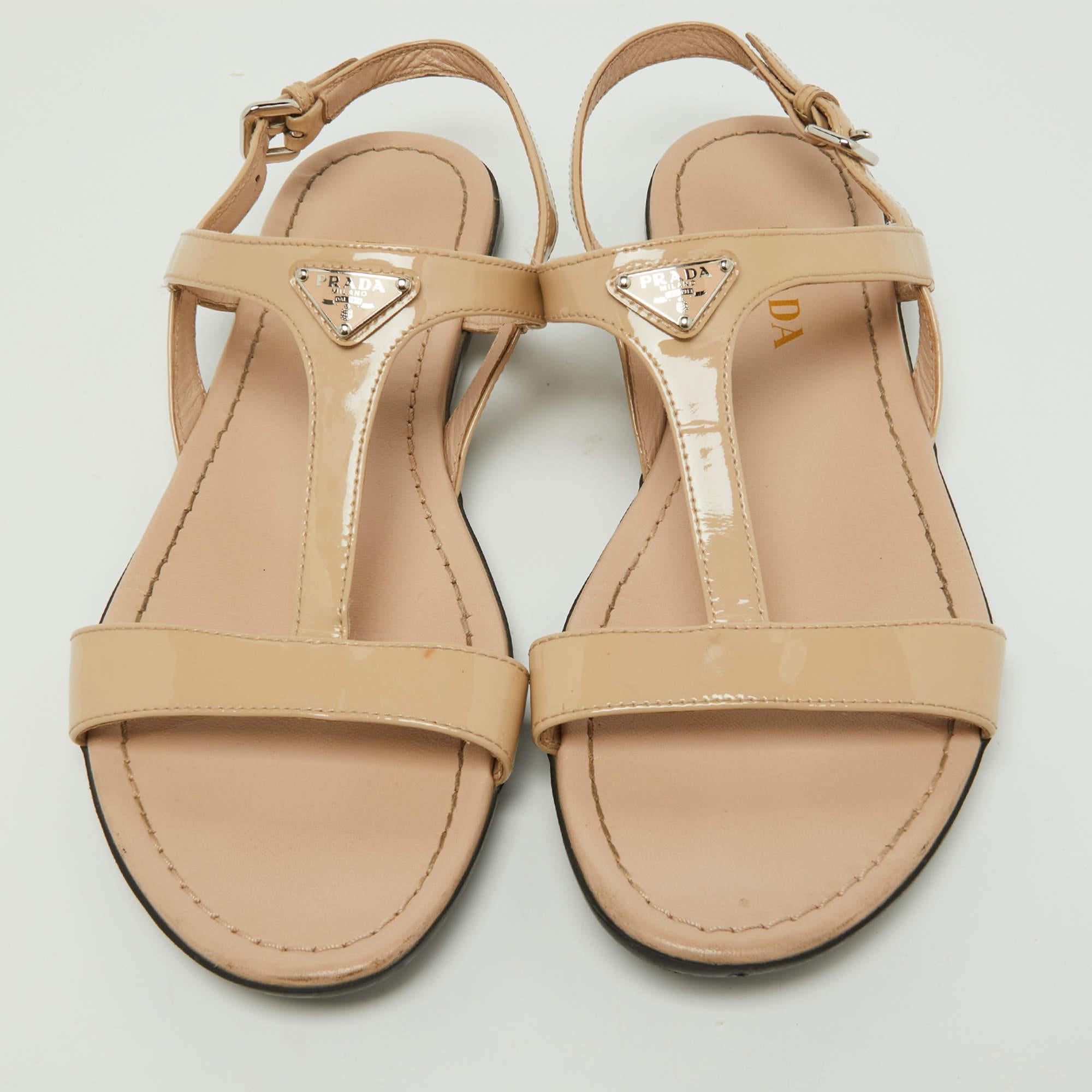 Women's Prada Beige Patent Leather Flat Sandals Size 39