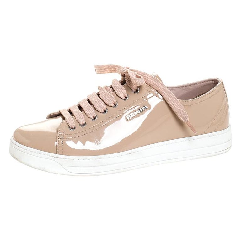 Prada Beige Patent Leather Lace Up Sneakers Size 39 For Sale at 1stDibs