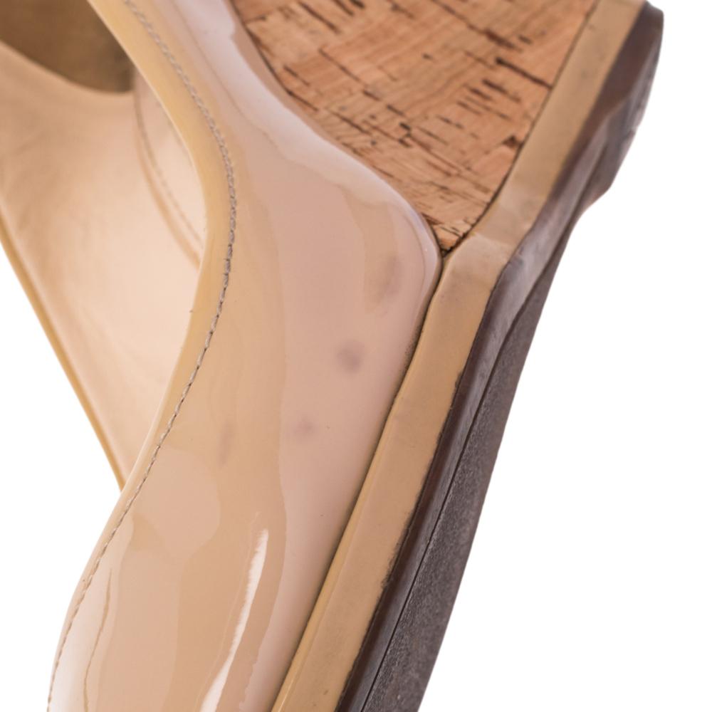 Women's Prada Beige Patent Leather Peep Toe Cork Wedges Pumps Size 38