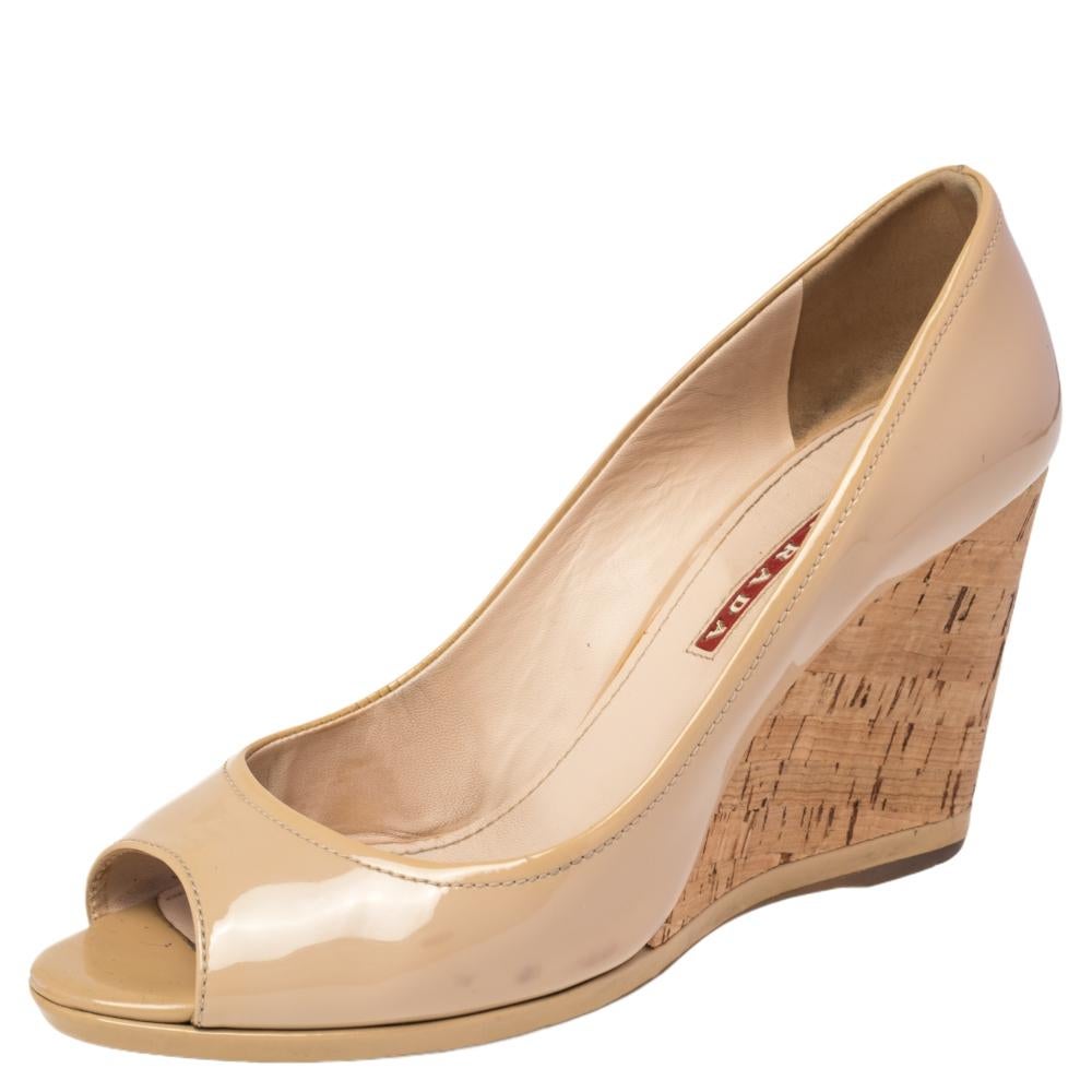 Prada Beige Patent Leather Peep Toe Cork Wedges Pumps Size 38