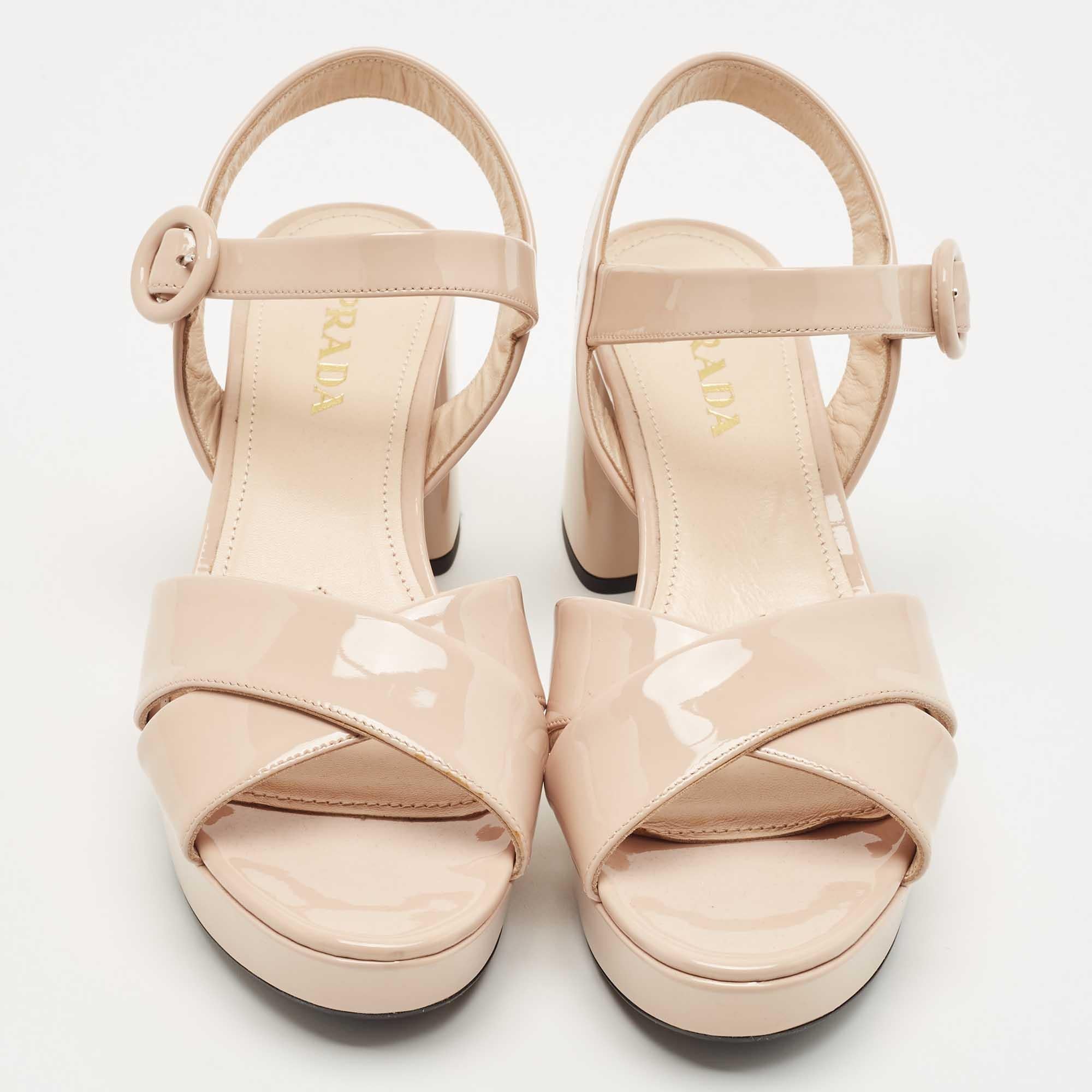 Women's Prada Beige Patent Leather Platform Ankle Strap Sandals