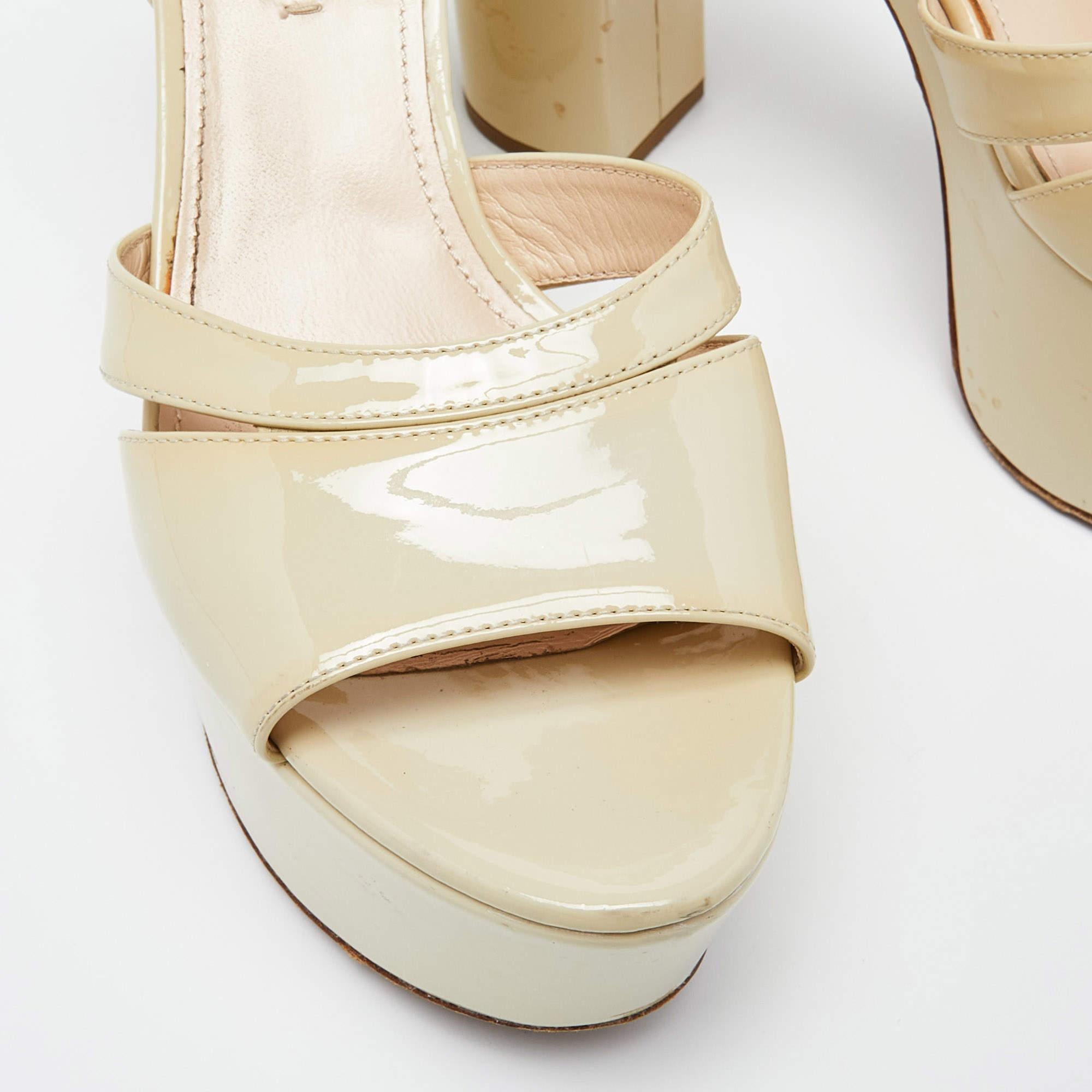 Women's Prada Beige Patent Leather Platform Ankle Strap Sandals  For Sale