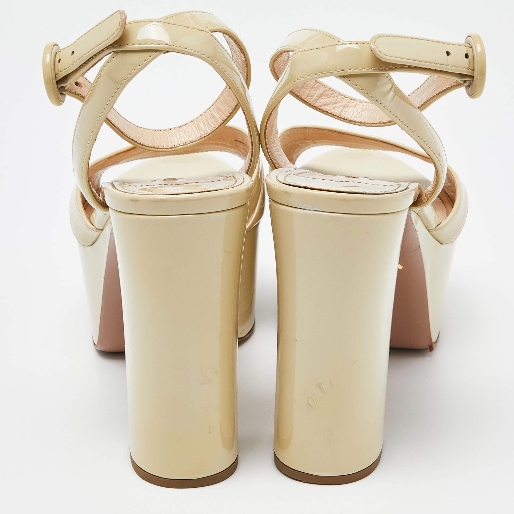 Prada Beige Patent Leather Platform Ankle Strap Sandals  For Sale 1