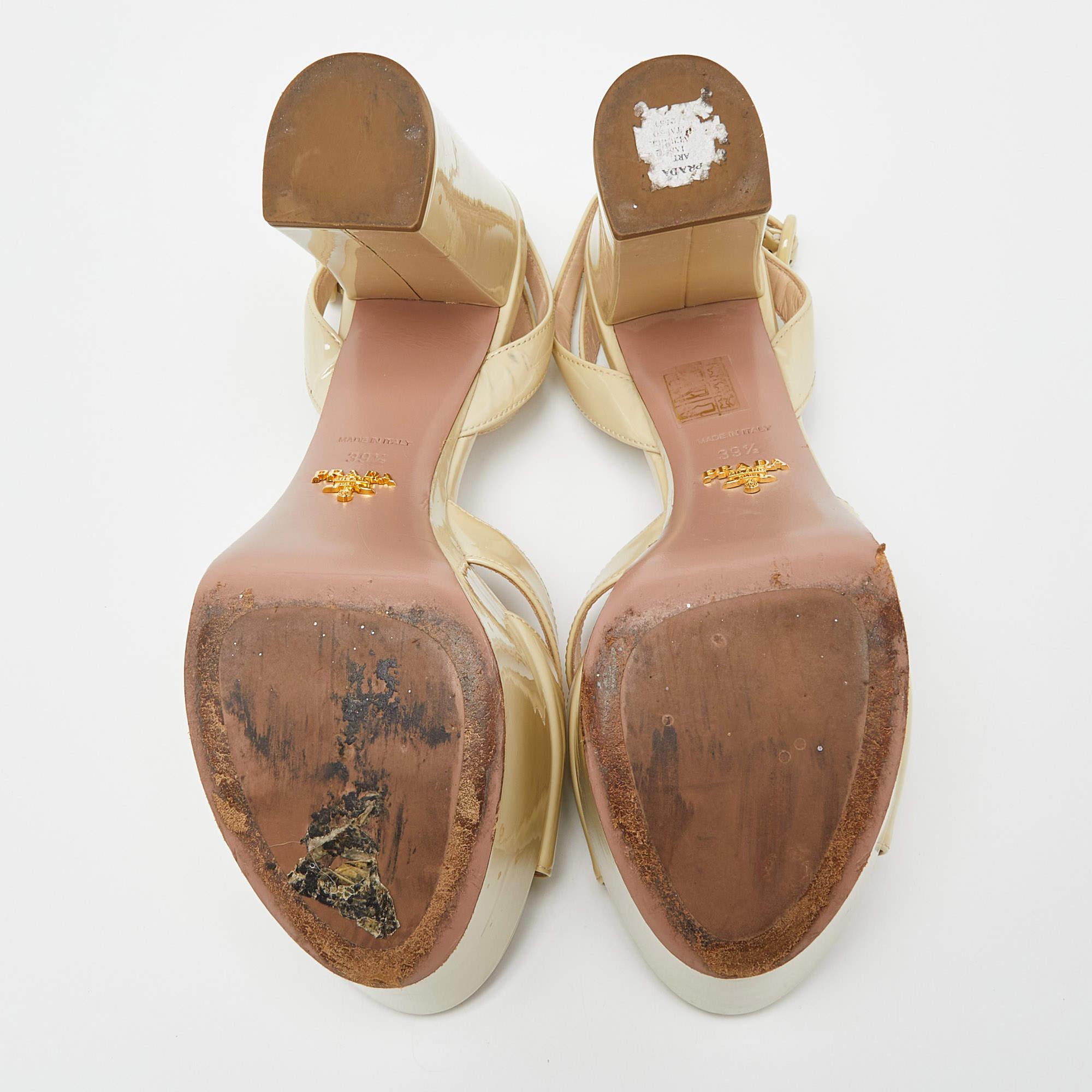 Prada Beige Patent Leather Platform Ankle Strap Sandals  For Sale 2
