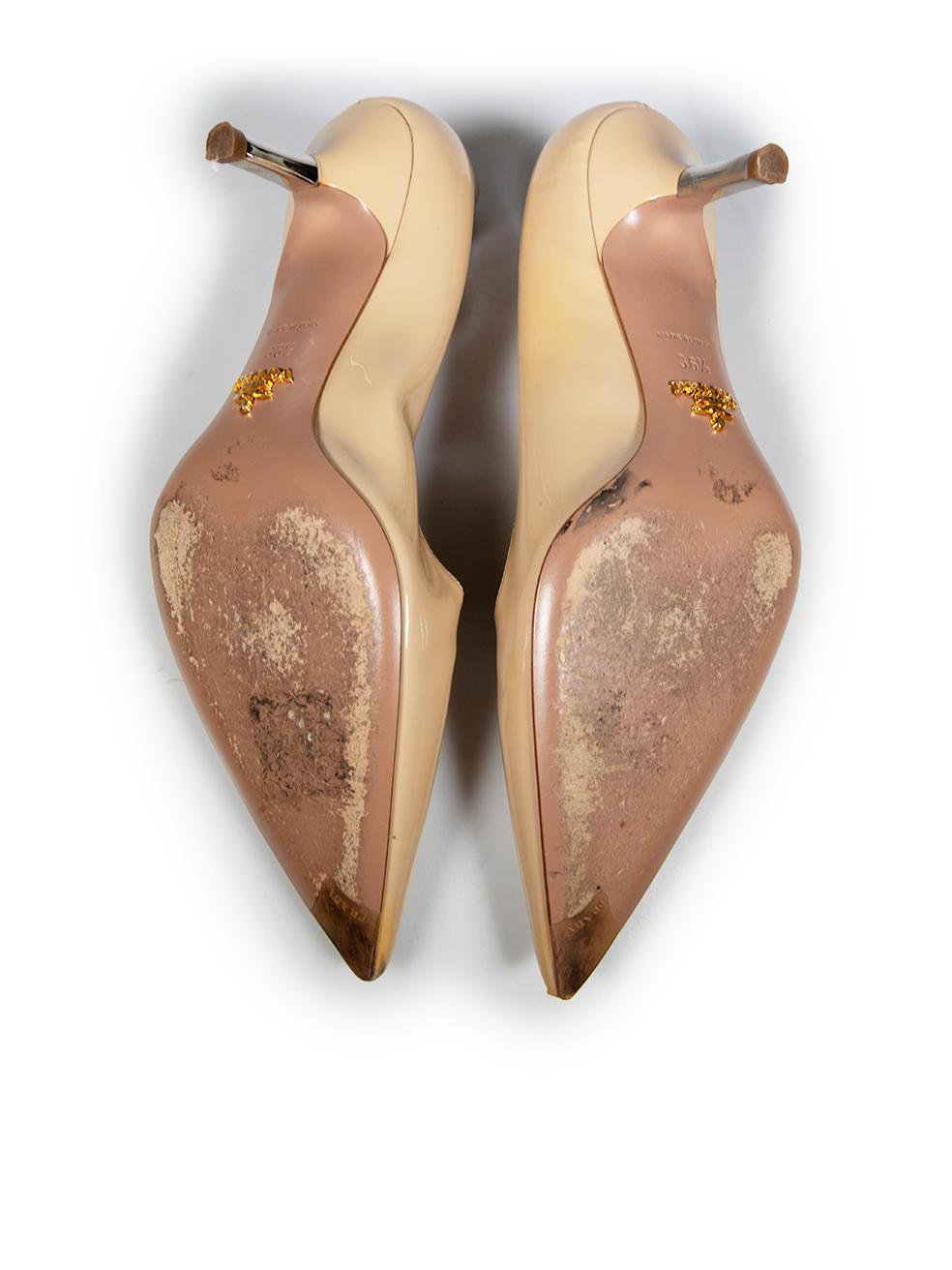 Women's Prada Beige Patent Leather Point Toe Pumps Size IT 36.5 For Sale