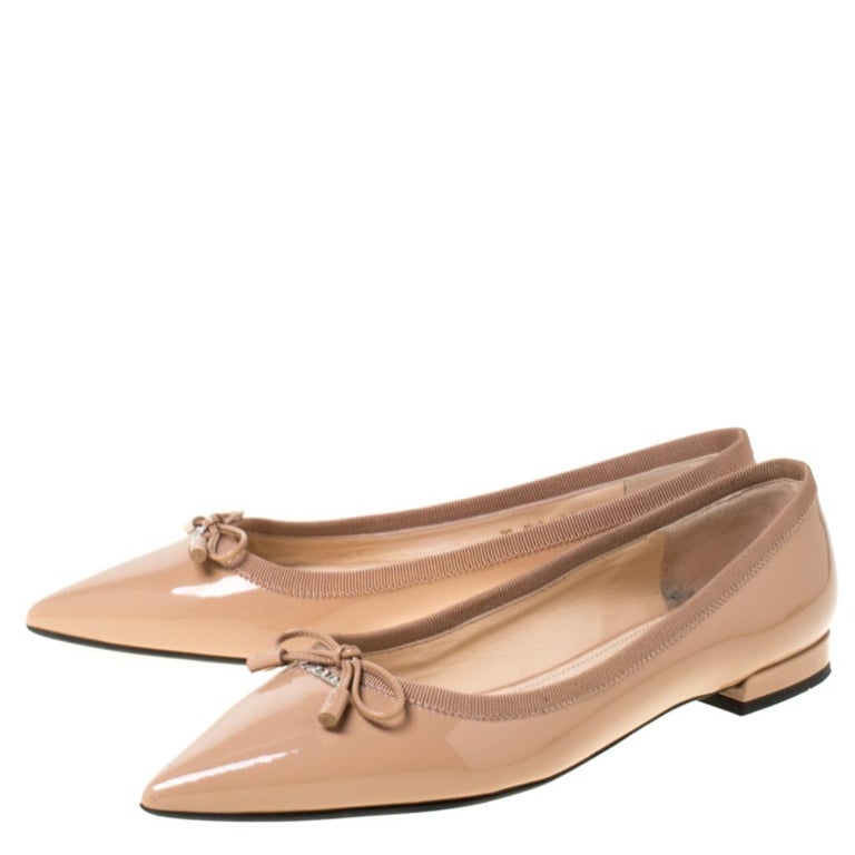 Prada Beige Patent Leather Pointed Toe Bow Ballet Flats Size 36 at 1stDibs