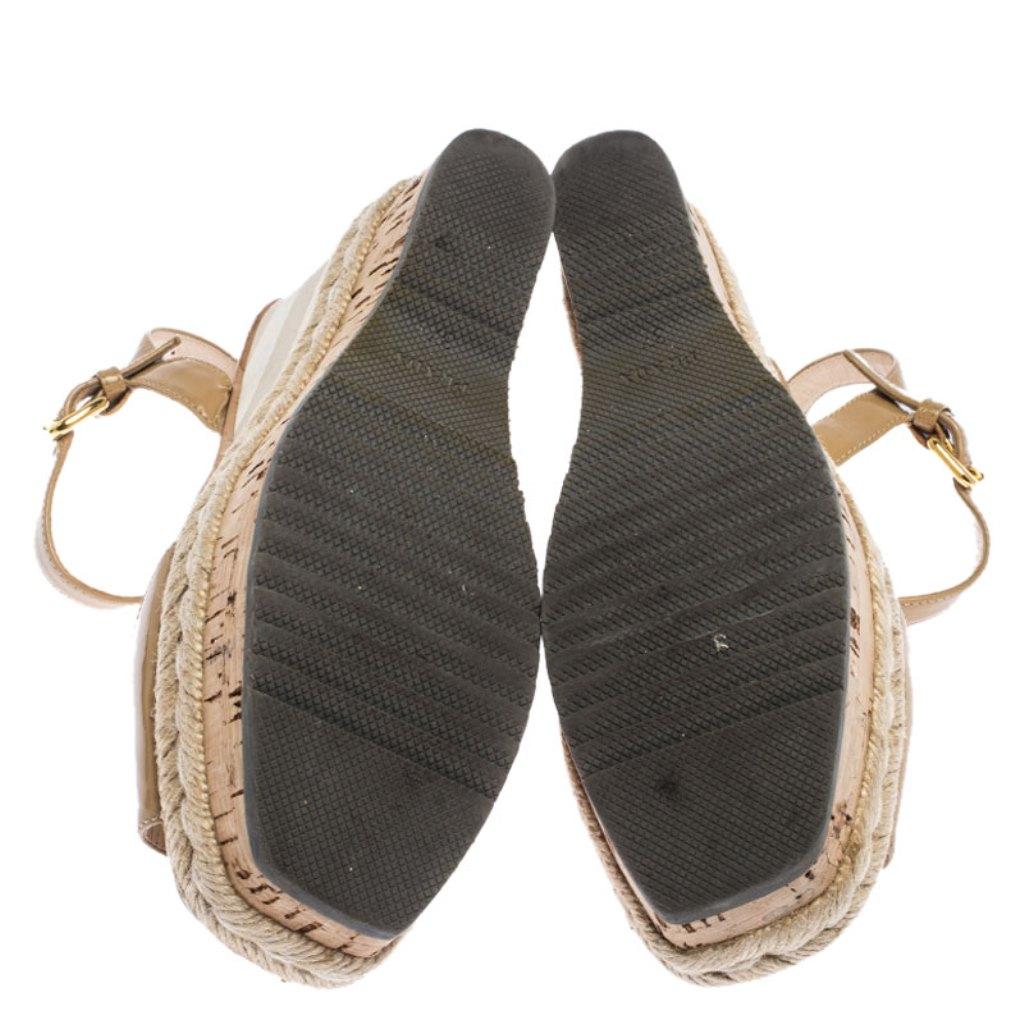 Women's Prada Beige Patent Leather Stripe Cork Platform Wedge Sandals Size 37
