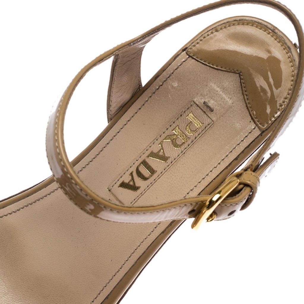 Prada Beige Patent Leather Stripe Cork Platform Wedge Sandals Size 37 1