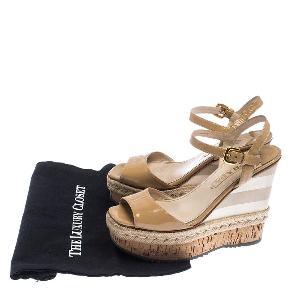 Prada Beige Patent Leather Stripe Cork Platform Wedge Sandals Size 37 2