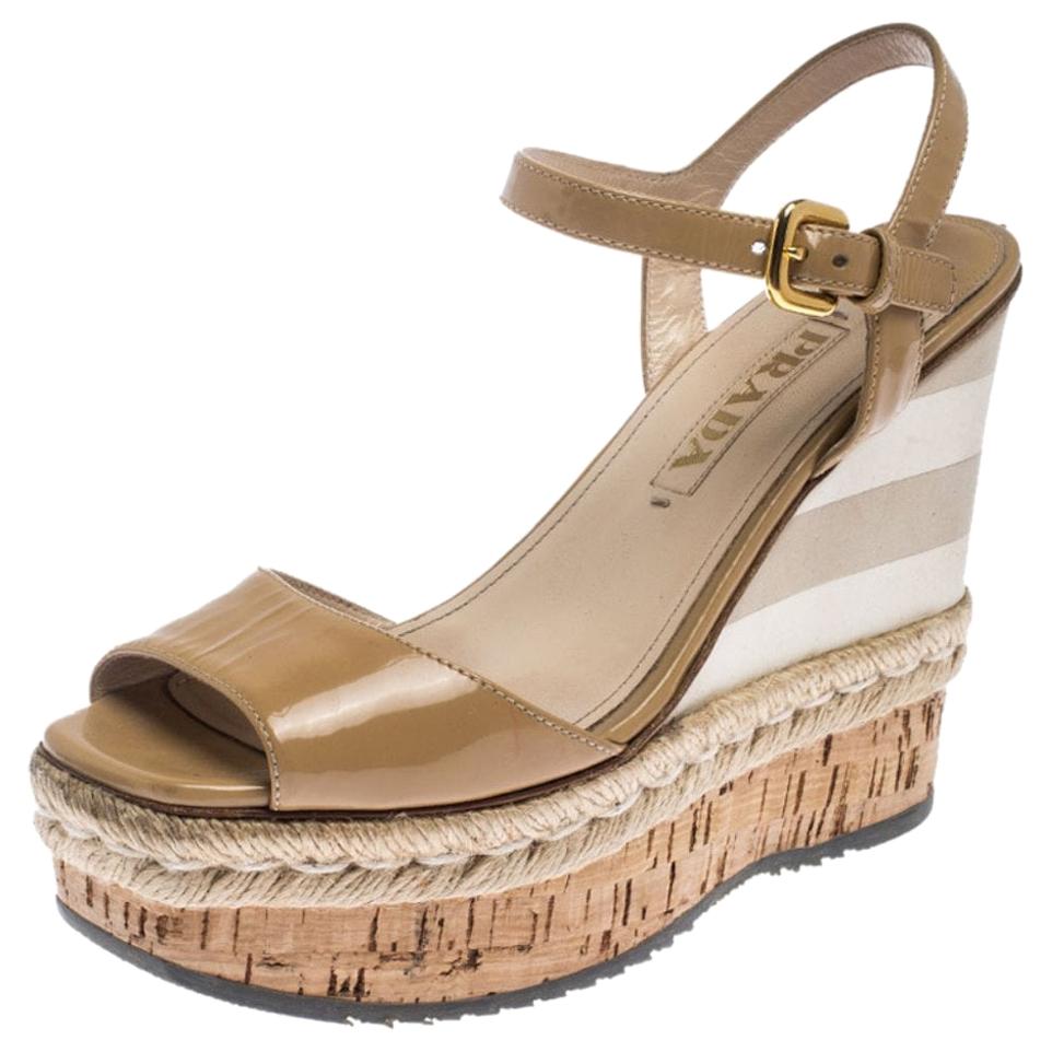 Prada Beige Patent Leather Stripe Cork Platform Wedge Sandals Size 37