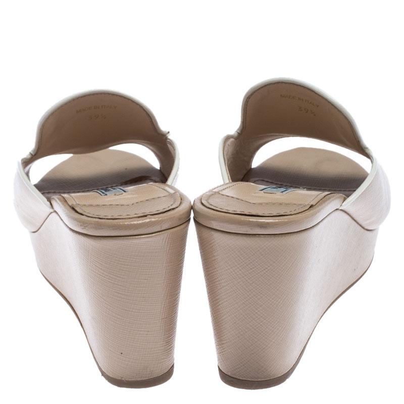 Women's Prada Beige Patent Leather Wedge Slide Sandals Size 39.5