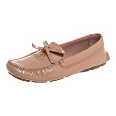 Prada Beige Patent Saffiano Leather Bow Slip On Loafers Size 38.5