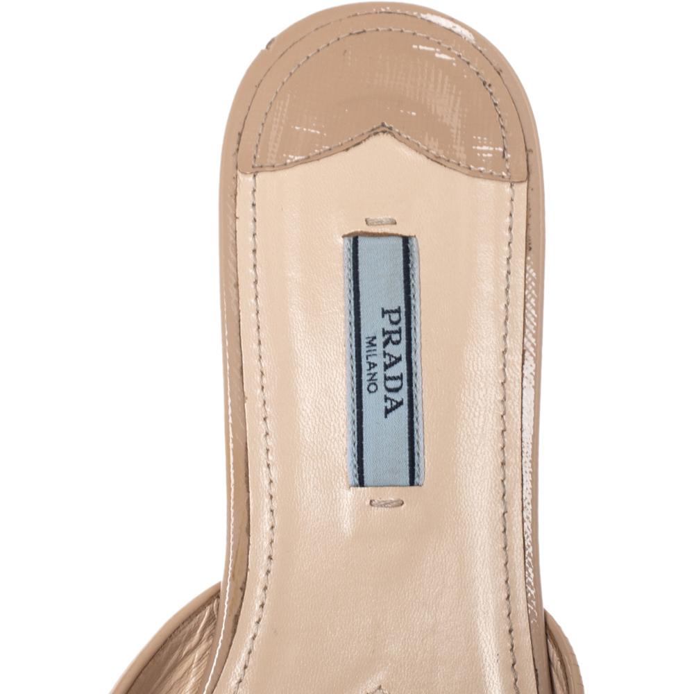 Women's Prada Beige Patent Saffiano Leather Crystal Embellished Flat Slides Size 38.5