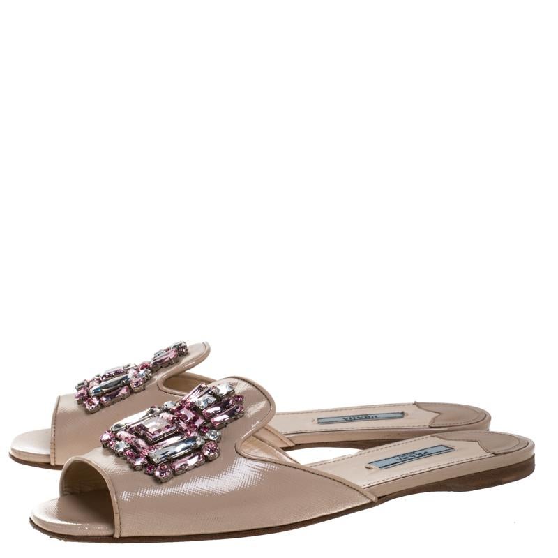 Prada Beige Patent Saffiano Leather Crystal Embellished Flat Slides Size 39 3