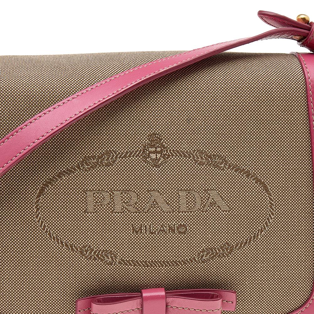 Brown Prada Beige/Pink Canvas and Leather Crossbody Bag