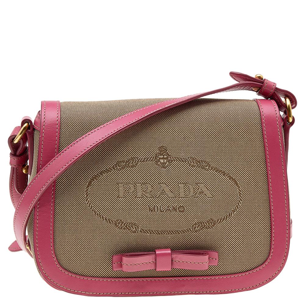Prada Beige/Pink Canvas and Leather Crossbody Bag In Good Condition In Dubai, Al Qouz 2