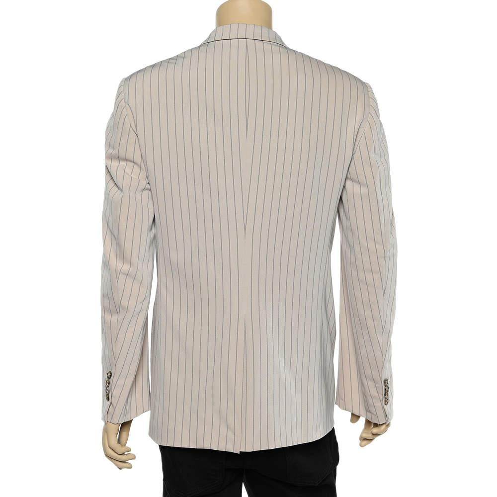 Prada Beige Pinstriped Cotton Button Front Blazer XL In Good Condition For Sale In Dubai, Al Qouz 2