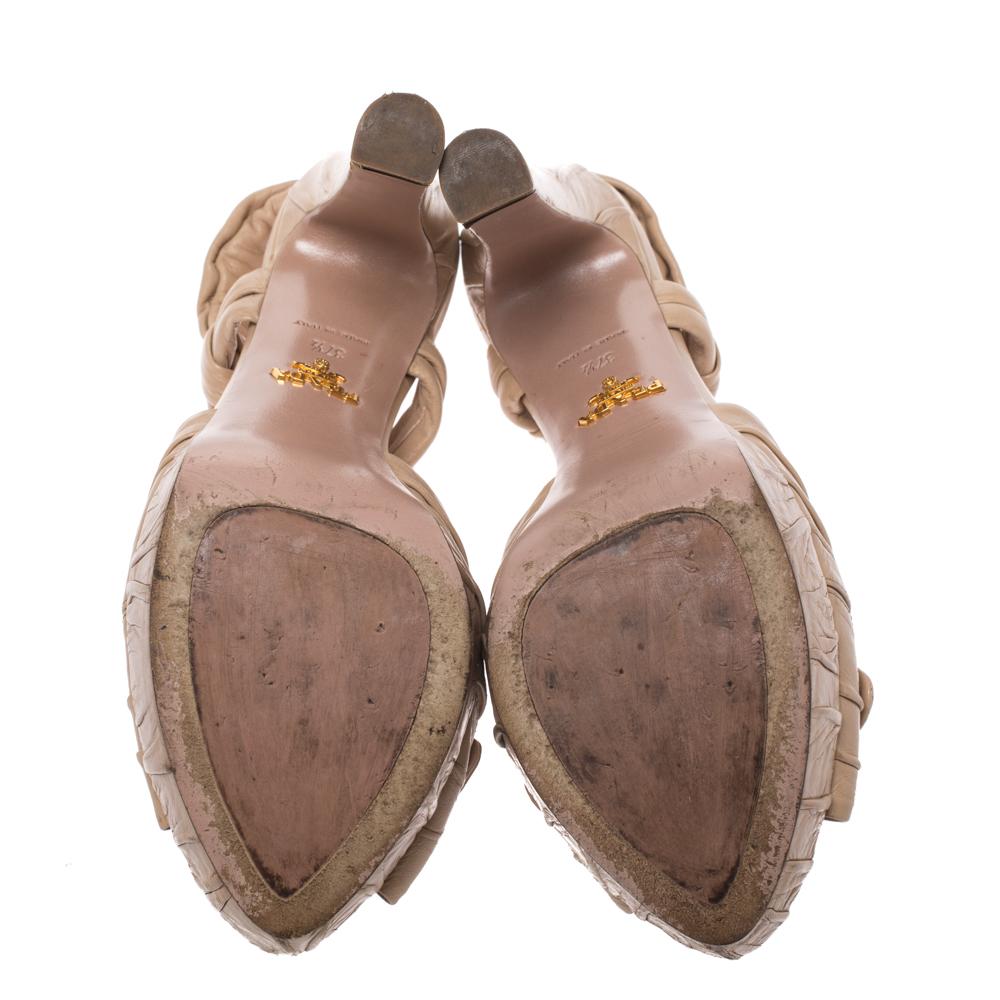 Women's Prada Beige Pleated Leather Bow Detail Platform Slingback Sandals Size 37.5