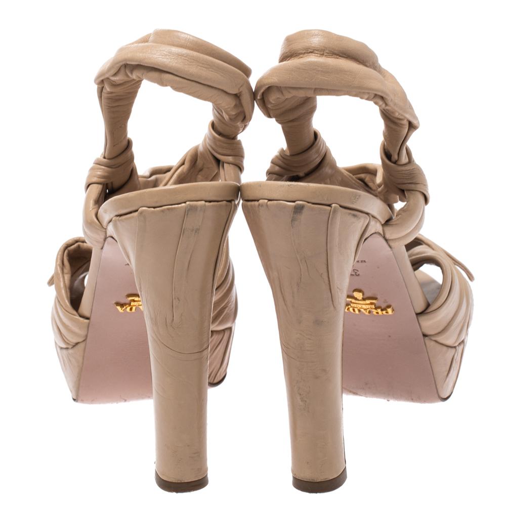 Prada Beige Pleated Leather Bow Detail Platform Slingback Sandals Size 37.5 1