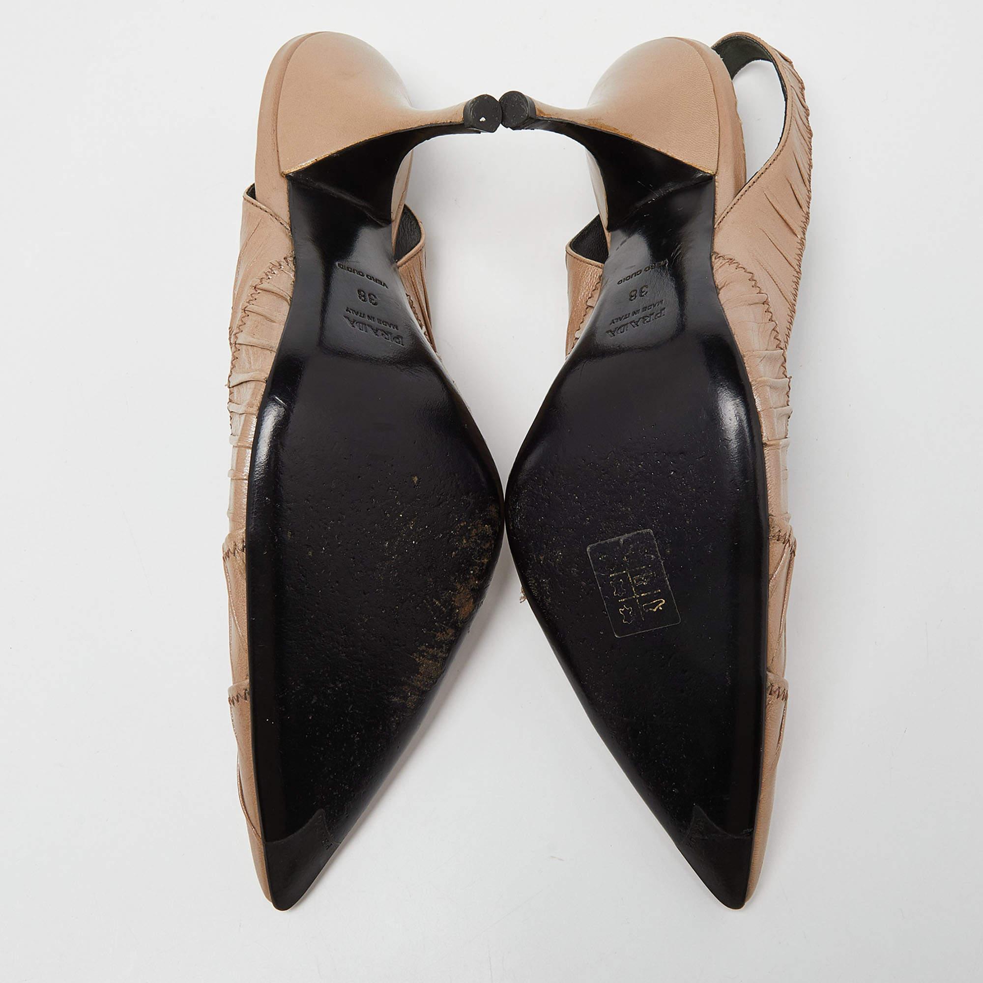 Prada Beige Pleated Leather Slingback Sandals Size 38 2