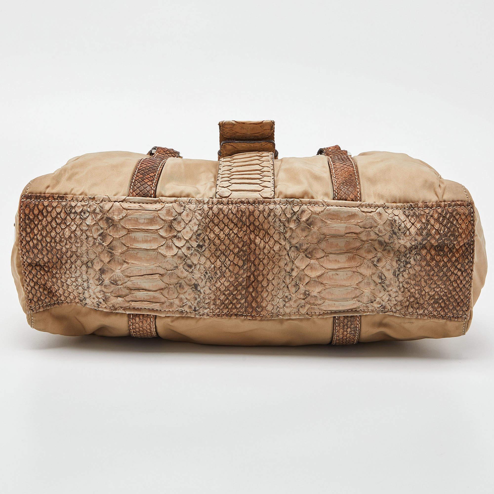 Prada Beige Python and Nylon Buckle Flap Satchel For Sale at 1stDibs