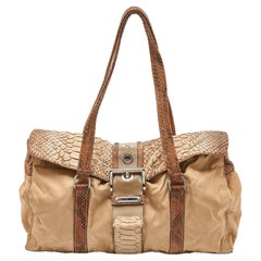 Prada Beige Python and Nylon Buckle Flap Satchel