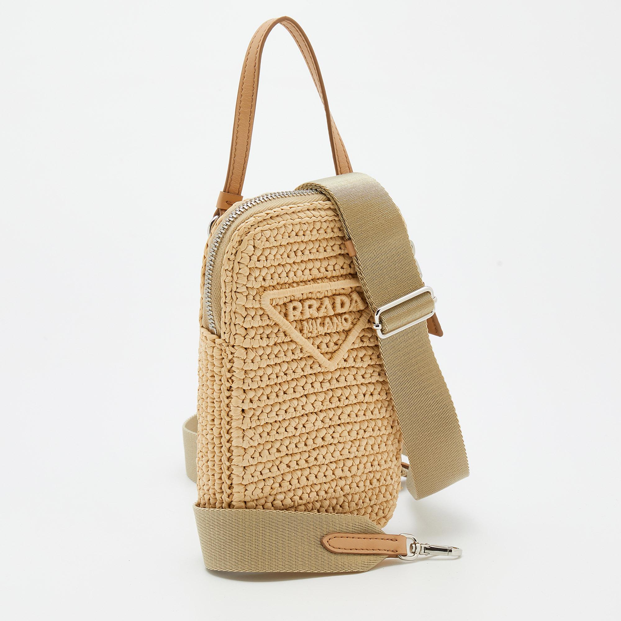 Beige Raffia- und Leder-Mini-Umhängetasche von Prada Damen