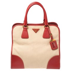 Prada Beige/Red Canvas and Leather Canapa Tote