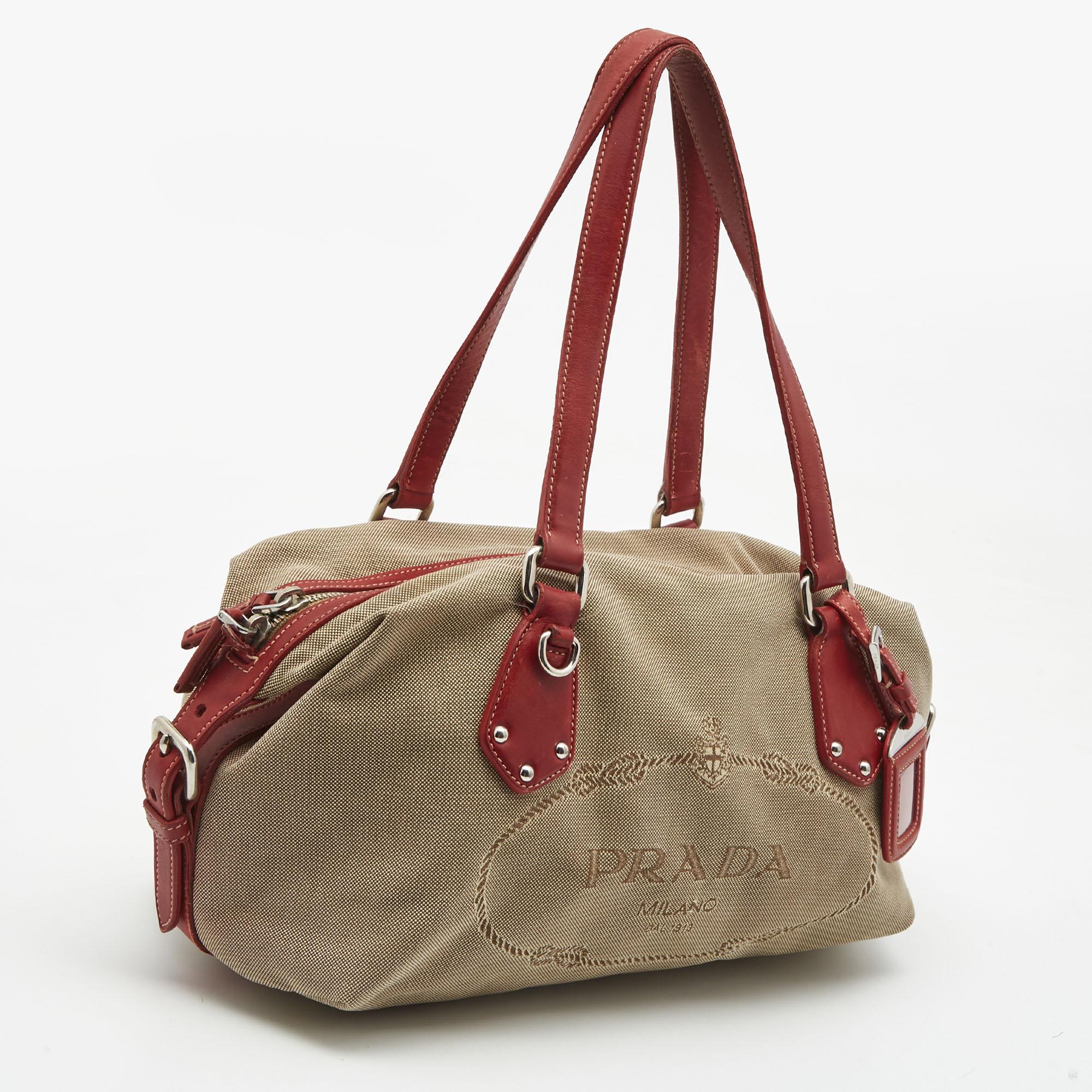 Women's Prada Beige/Red Jacquard Logo Canvas Shoulder Bag