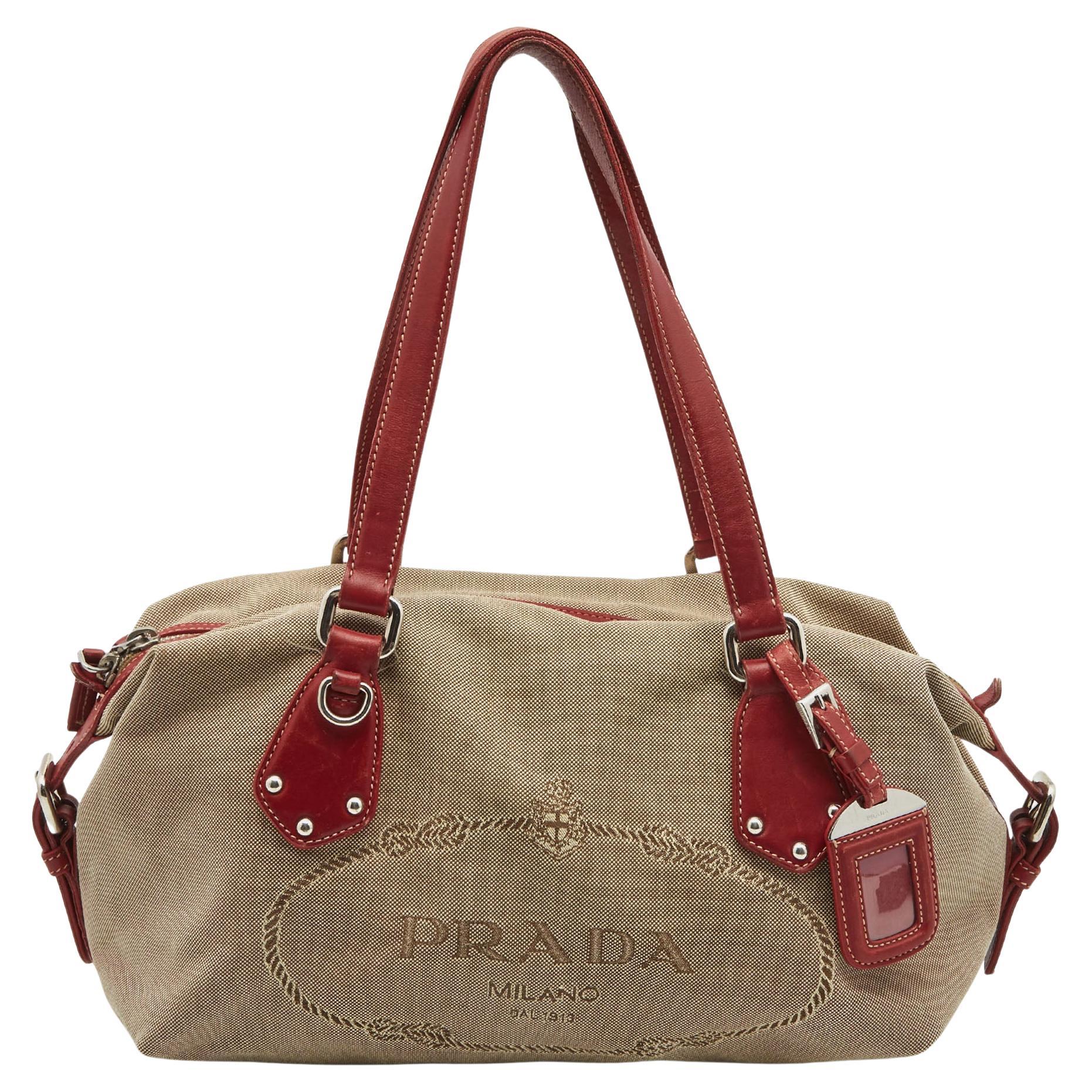 Prada Beige/Red Jacquard Logo Canvas Shoulder Bag