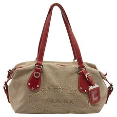 Prada Beige/Red Jacquard Logo Canvas Shoulder Bag