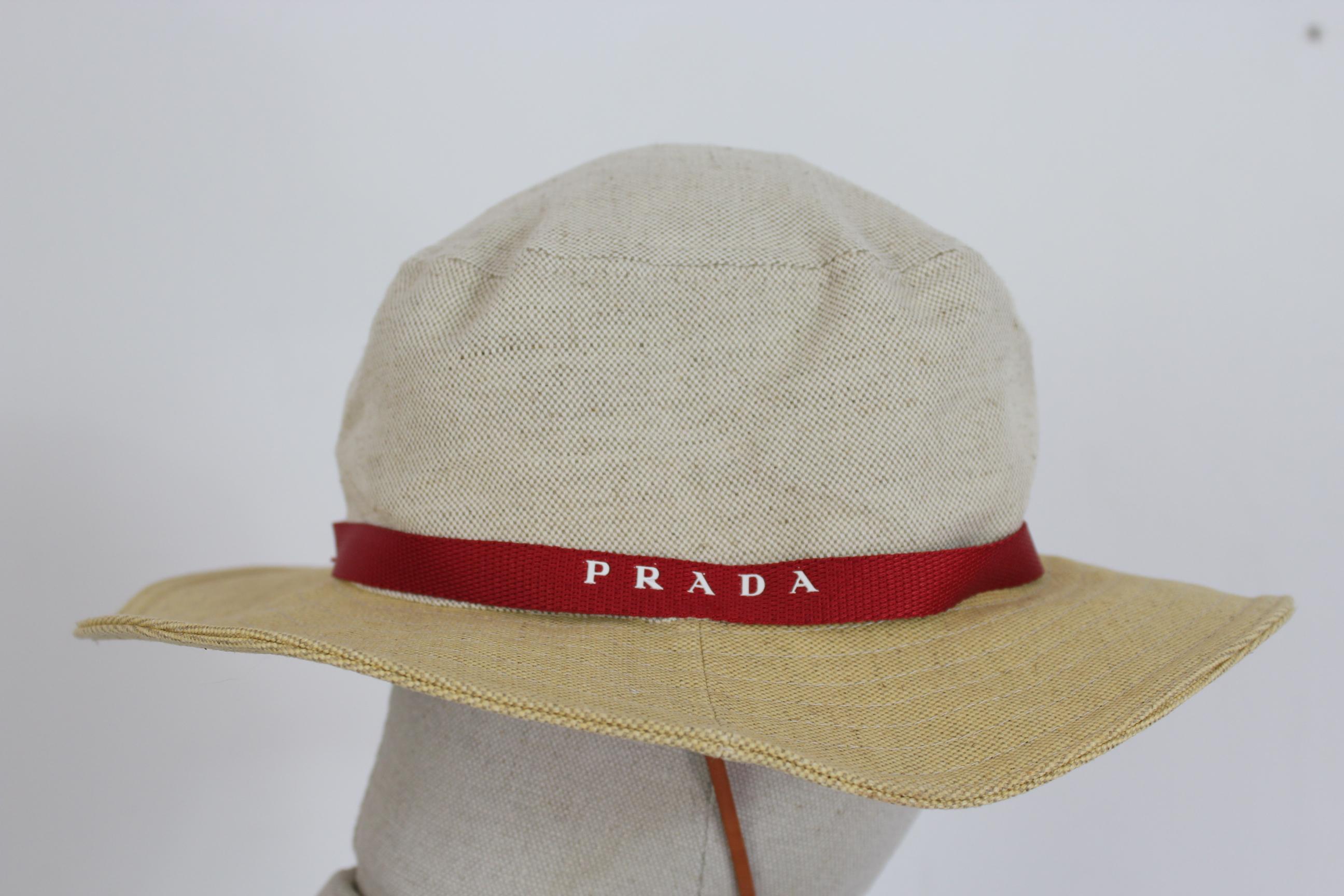 Prada Beige Red Linen Cotton Unisex Cowboy Hat 1