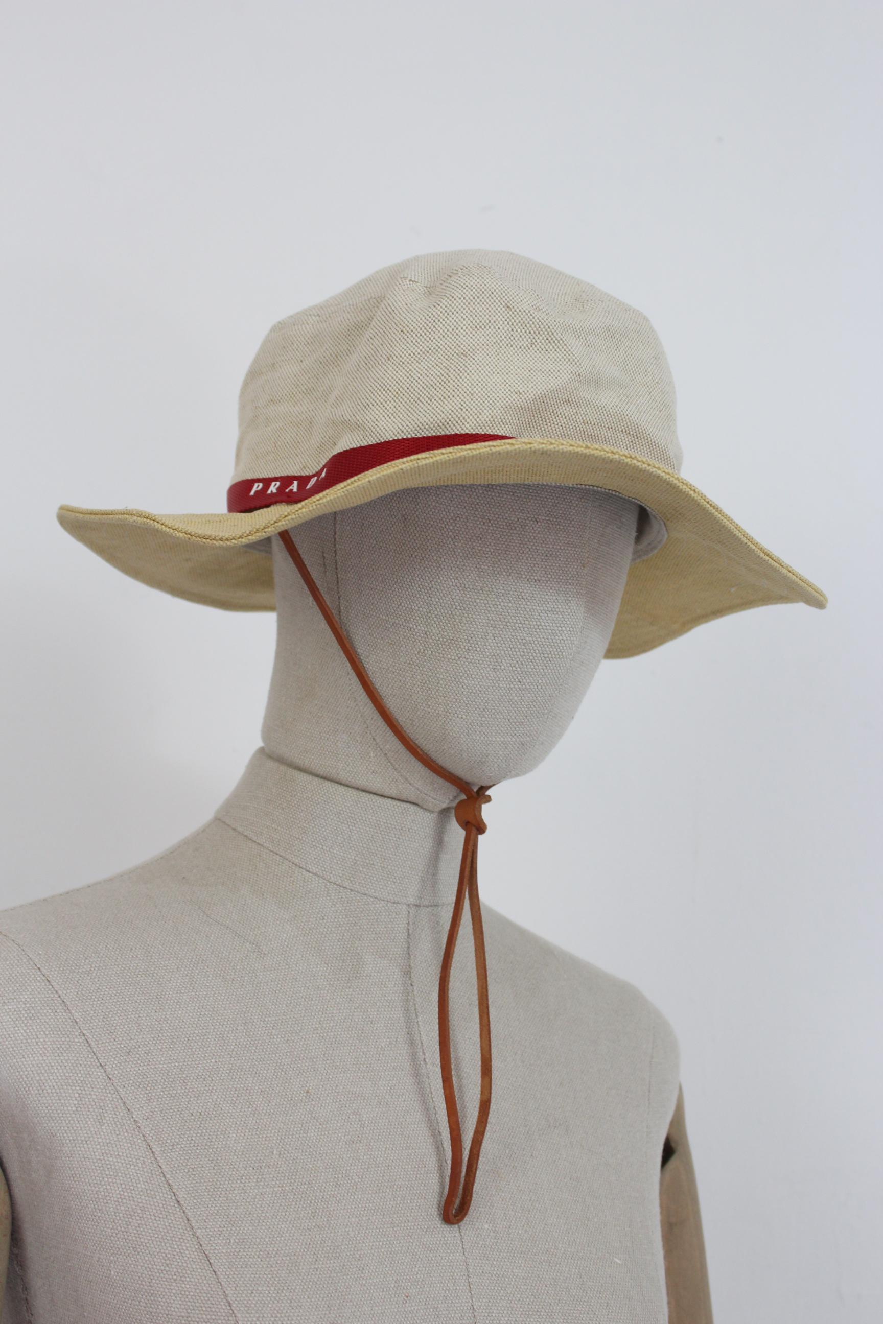 Prada Beige Red Linen Cotton Unisex Cowboy Hat  2