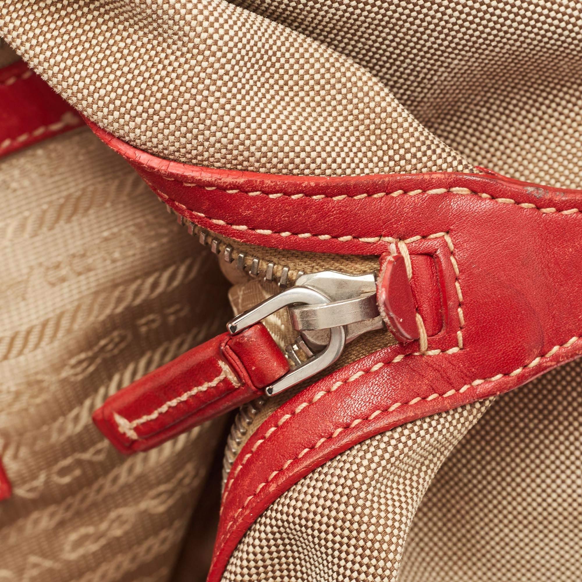 Prada Beige/Red Logo Jacquard and Leather Bauletto Bag 7