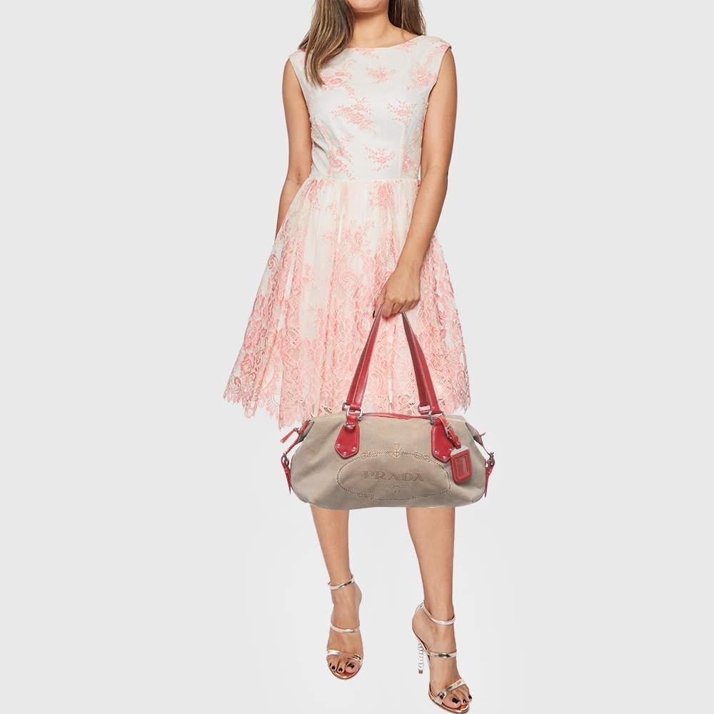 Prada Beige/Red Logo Jacquard and Leather Bauletto Bag 10