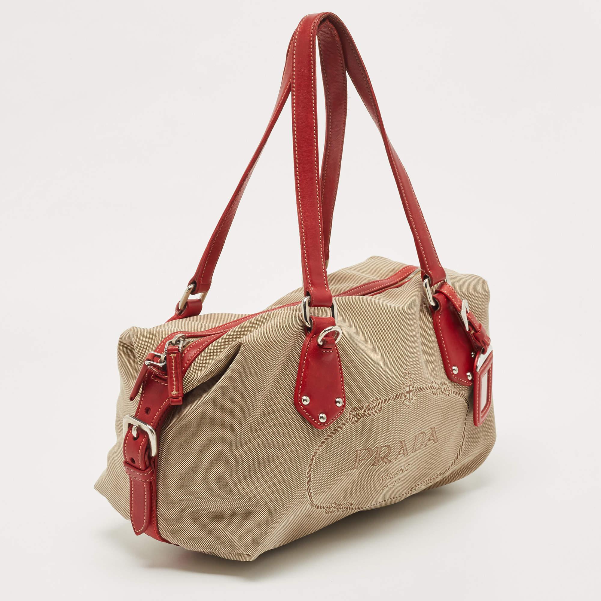 Prada Beige/Red Logo Jacquard and Leather Bauletto Bag In Good Condition In Dubai, Al Qouz 2