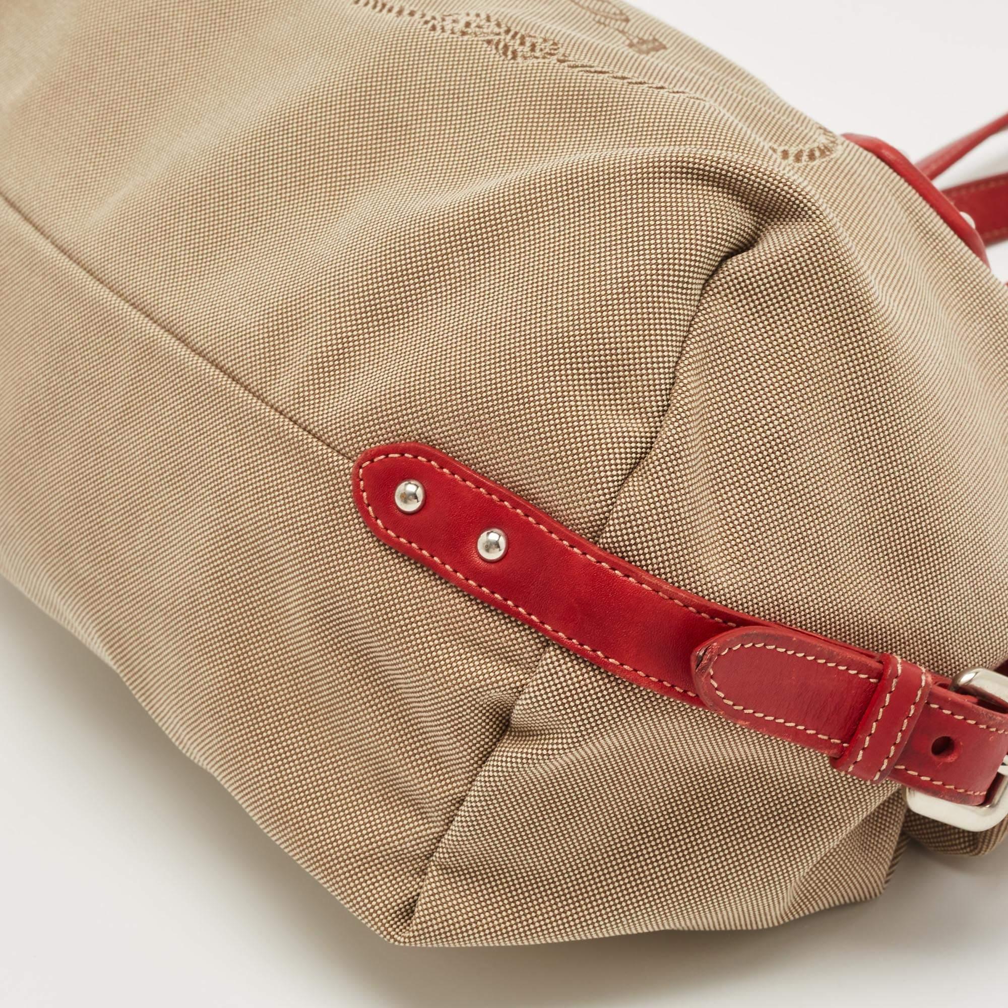 Women's Prada Beige/Red Logo Jacquard and Leather Bauletto Bag