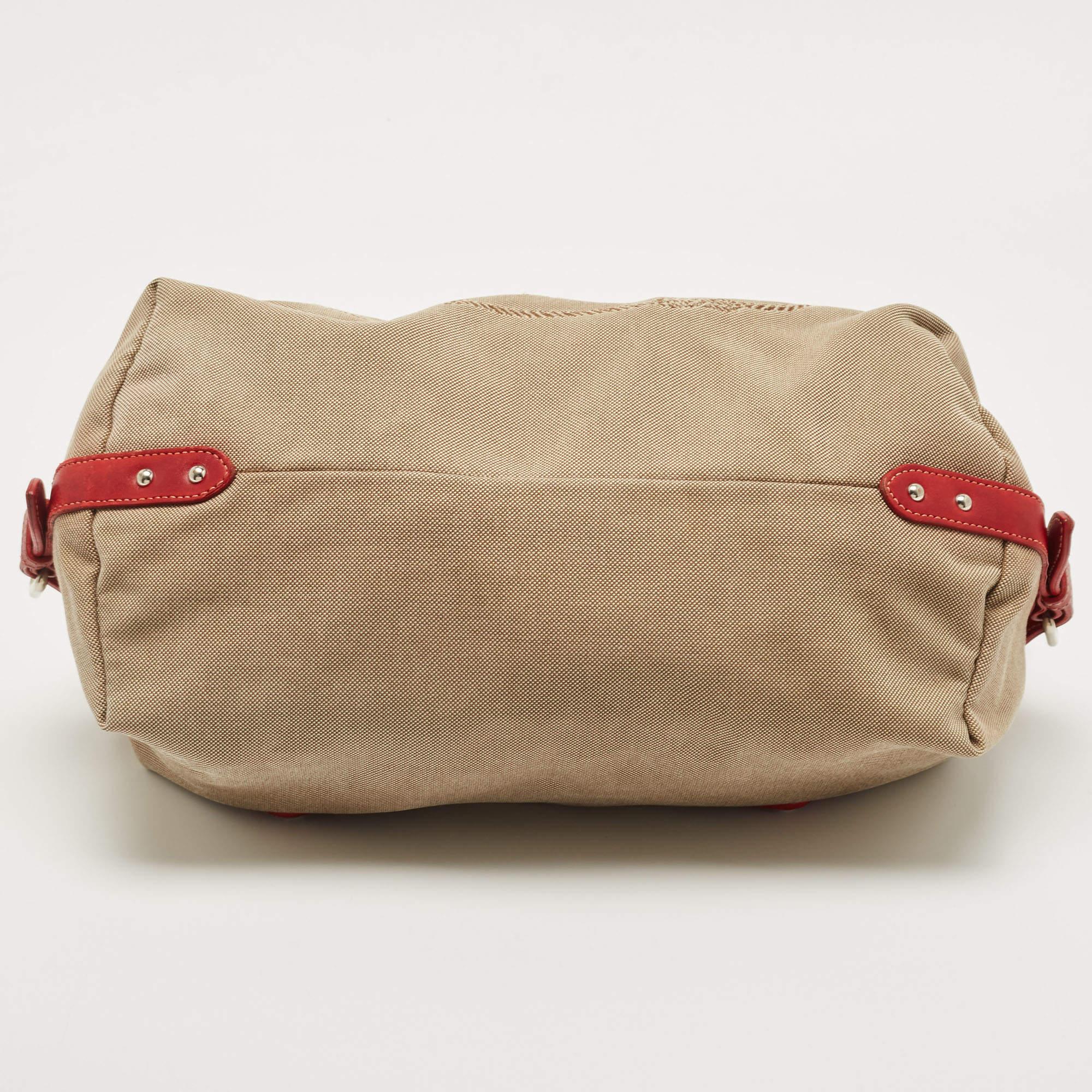 Prada Beige/Red Logo Jacquard and Leather Bauletto Bag 1