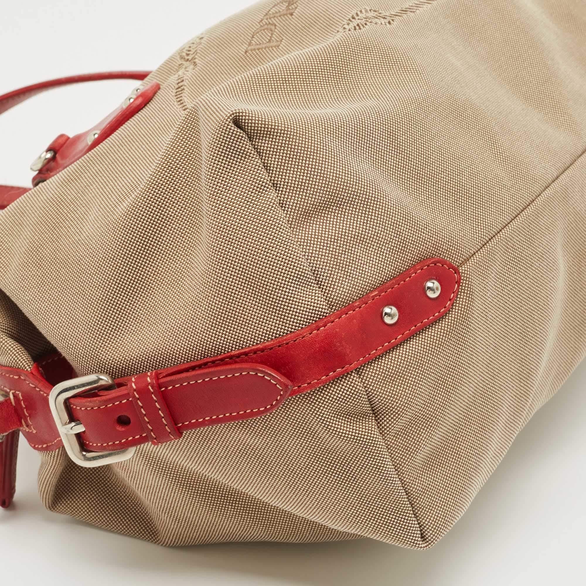 Prada Beige/Red Logo Jacquard and Leather Bauletto Bag 2