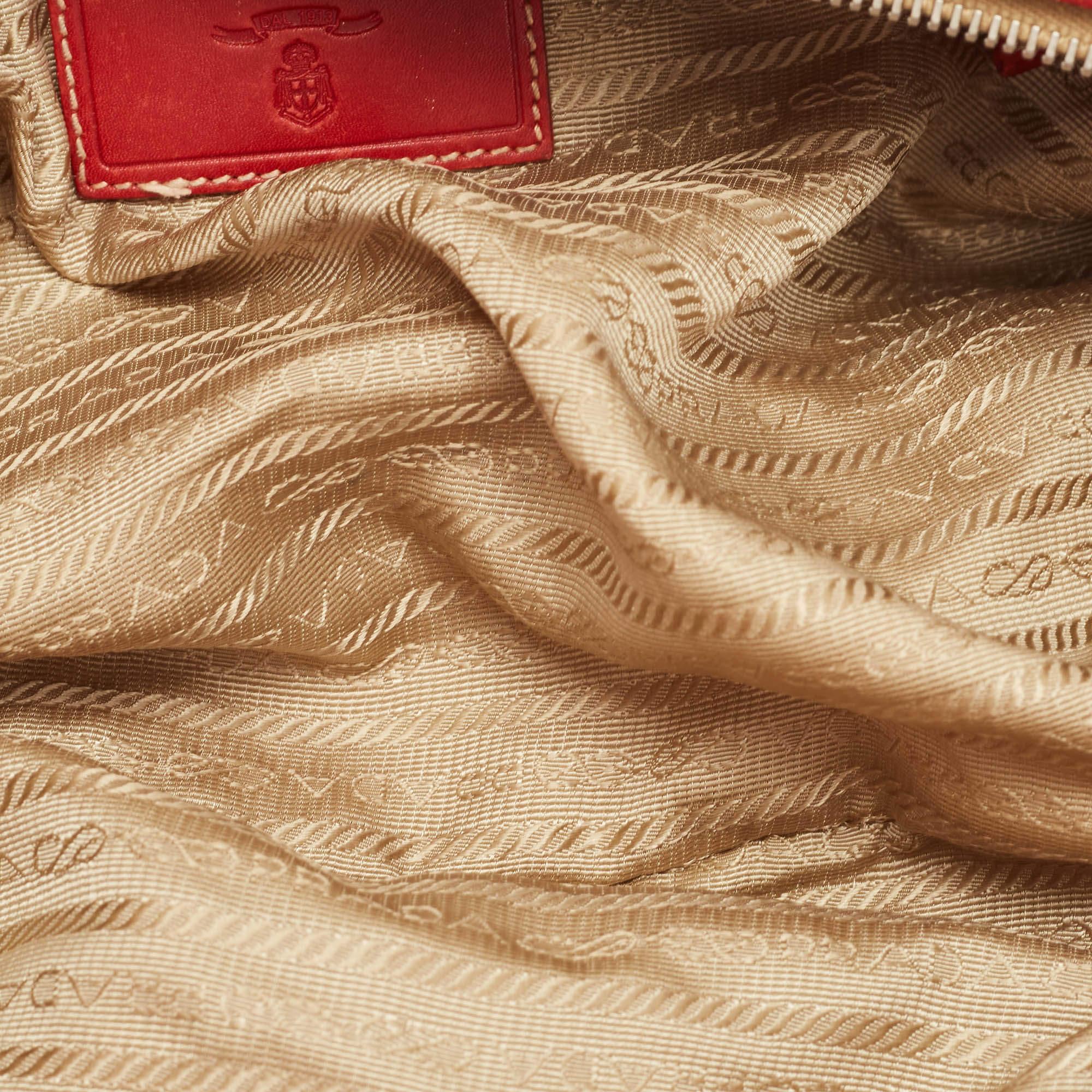 Prada Beige/Red Logo Jacquard and Leather Bauletto Bag 3