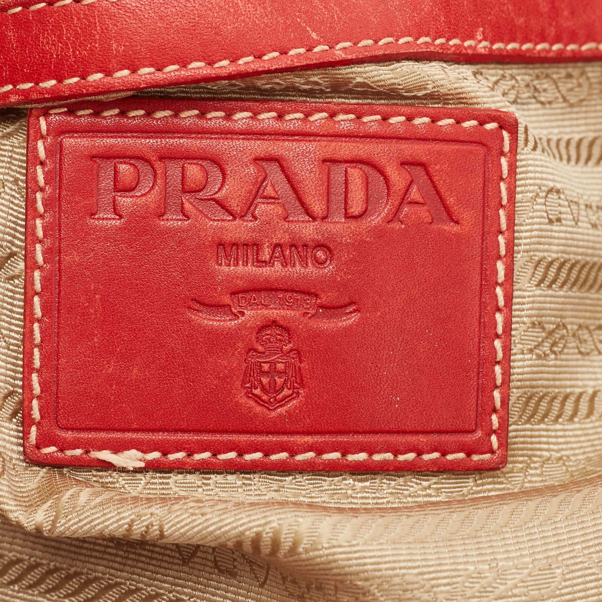 Prada Beige/Red Logo Jacquard and Leather Bauletto Bag 4